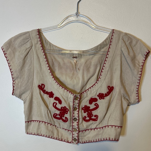 Free People Wild at Heart Crop Top Buttoned Embroidered Beige Red Small Top - Picture 6 of 6